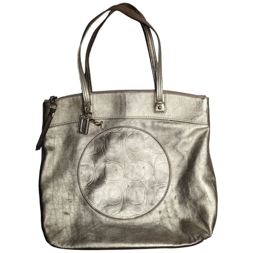 Coach Laura Champagne Gold Metallic Leather Logo Stamped Top Handle Tote Bag